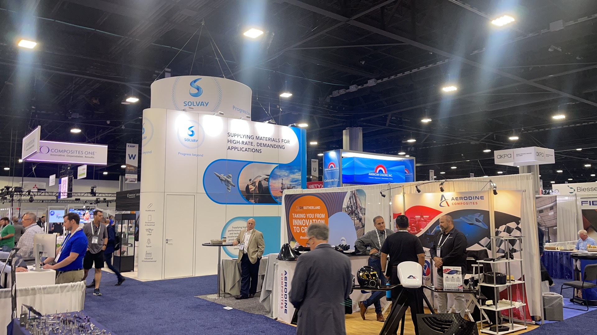 Solvay advanced materials booth at CAMX 2023 showcasing high-rate aerospace applications
