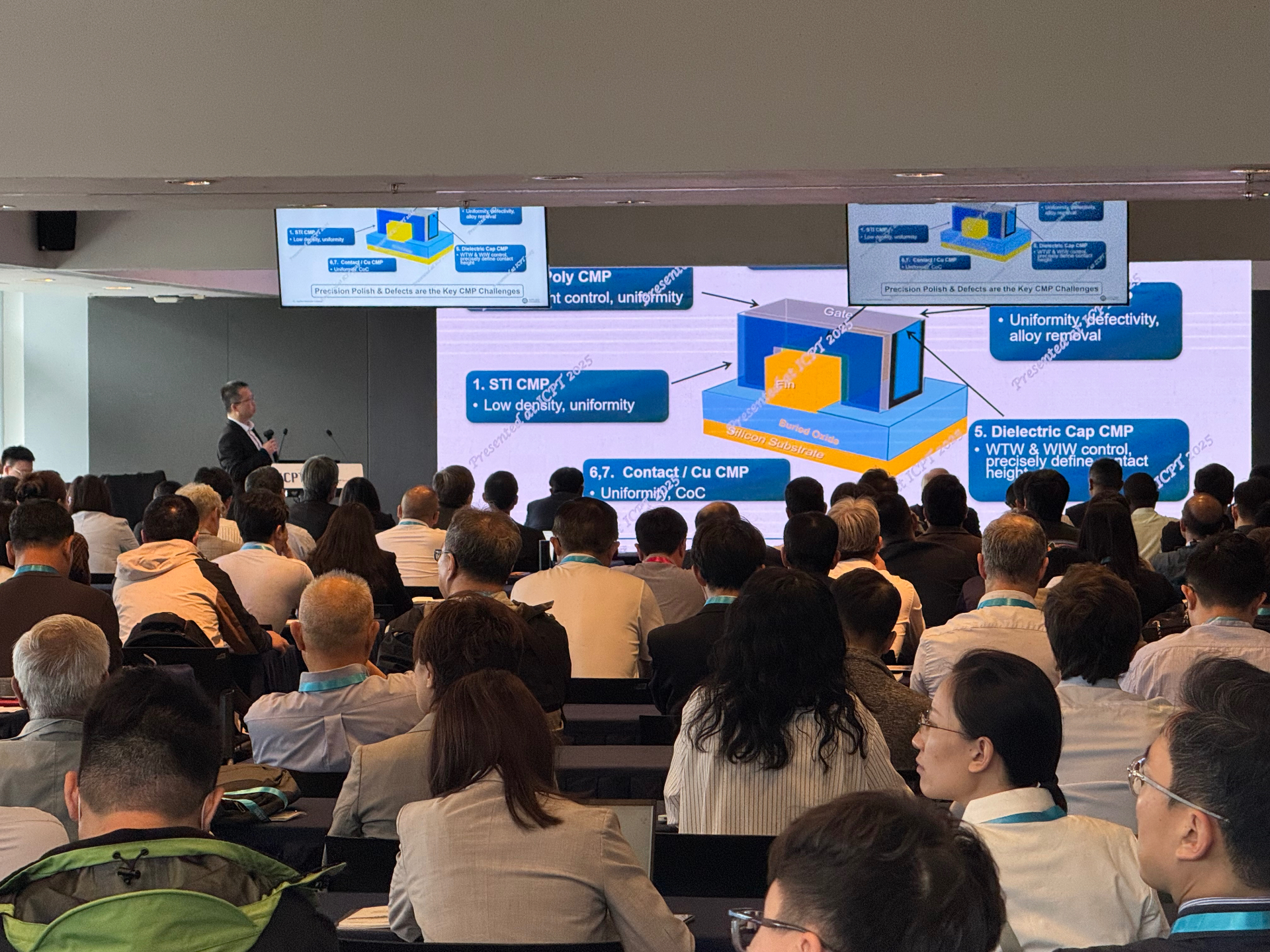 Main stage at ICPT 2025 showing FinFET CMP challenges presentation in Hong Kong