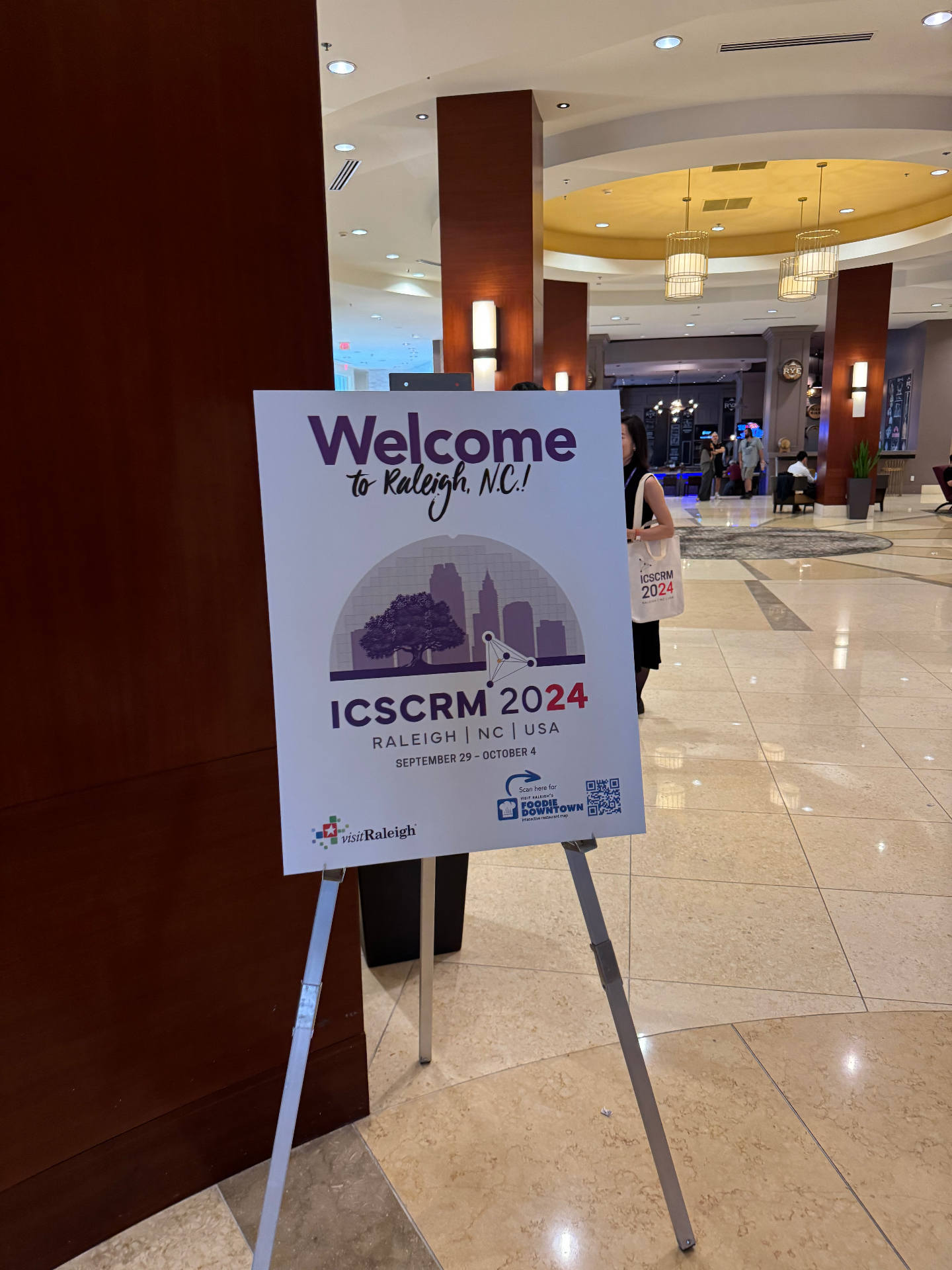 ICSCRM 2024 welcome sign in Raleigh, North Carolina hotel lobby