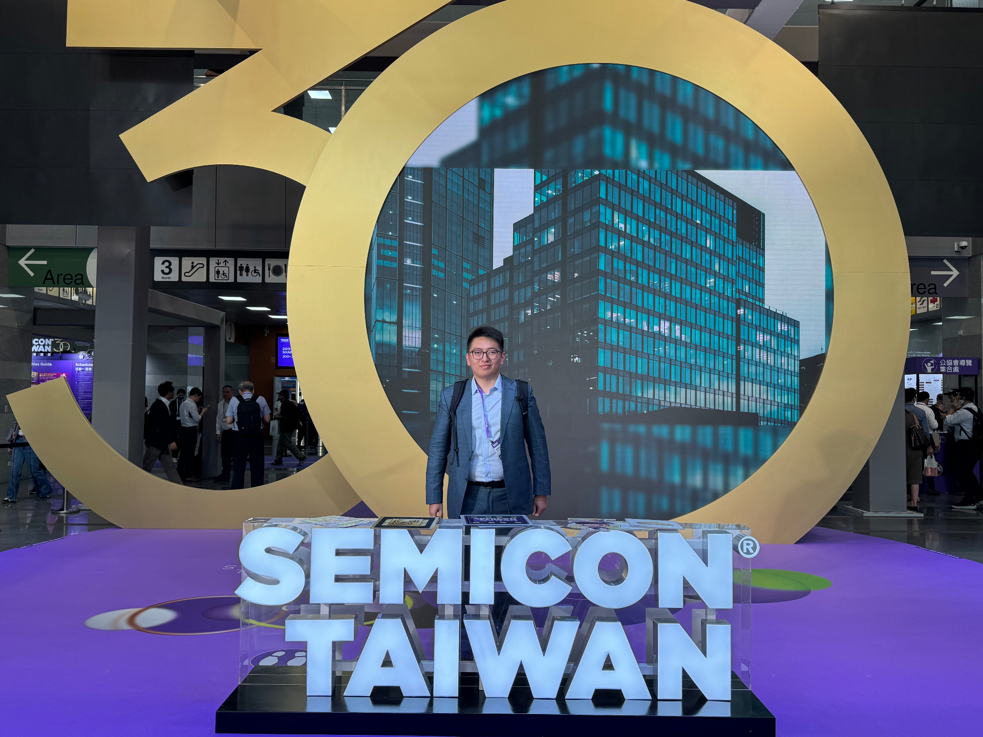 SEMICON Taiwan 30th anniversary golden logo installation inside the venue