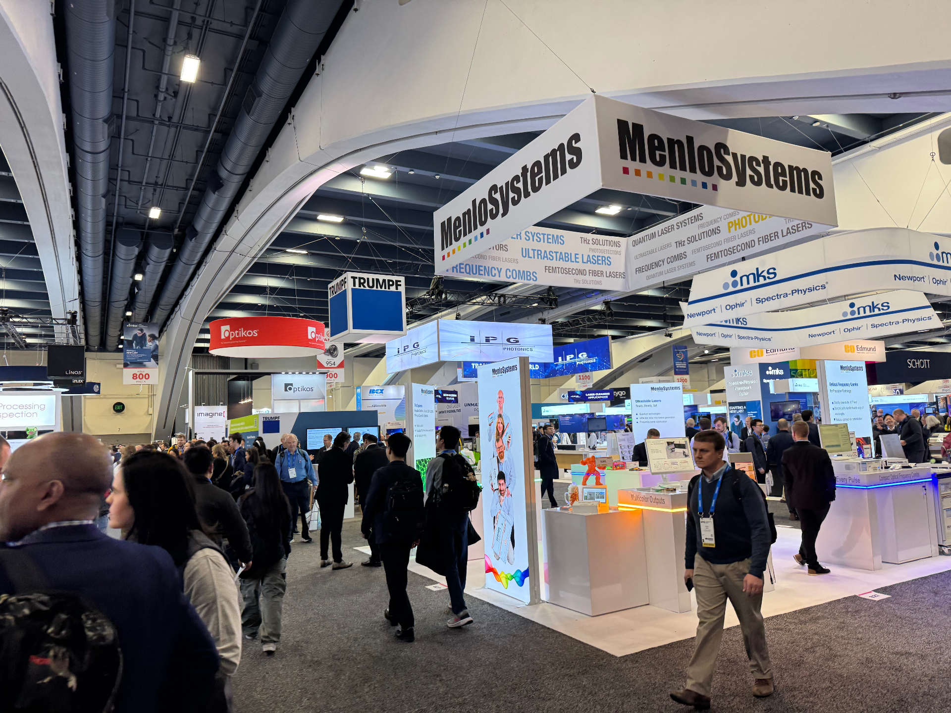 Exhibition hall with photonics and laser system booths at SPIE Photonics West