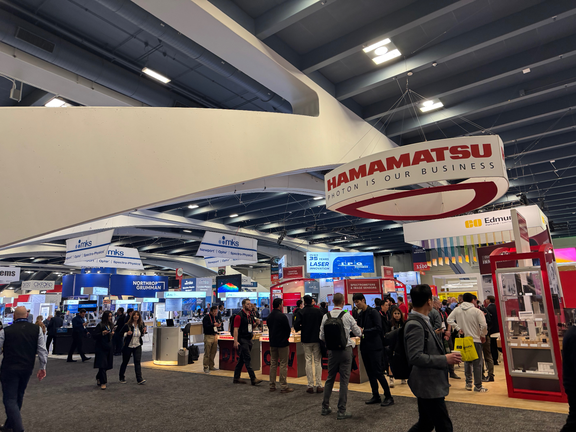 SPIE Photonics West 2026 main hall with Hamamatsu, MKS Newport, Northrop Grumman, and IPG Photonics booths